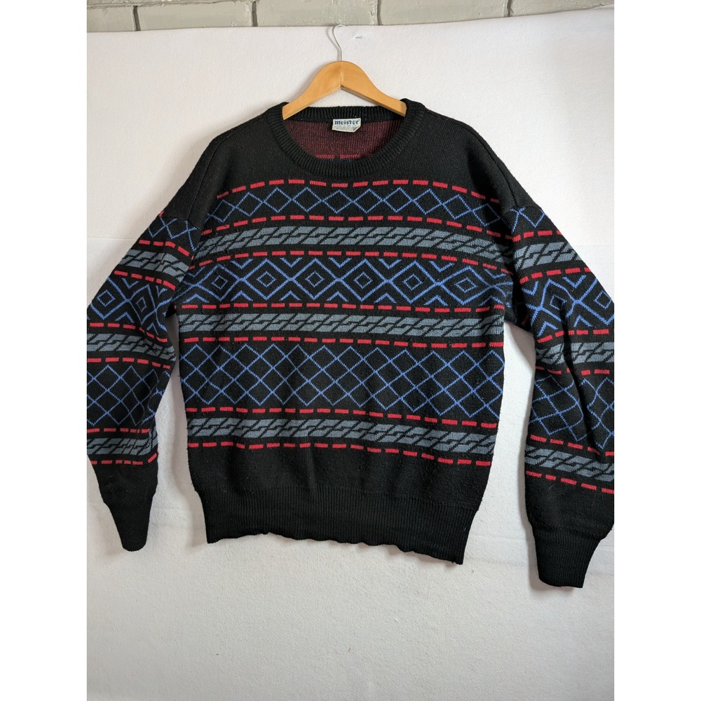 Vintage Meister Wool Sweater XL Black Red Blue Geometric Fair Isle Knit Crewneck